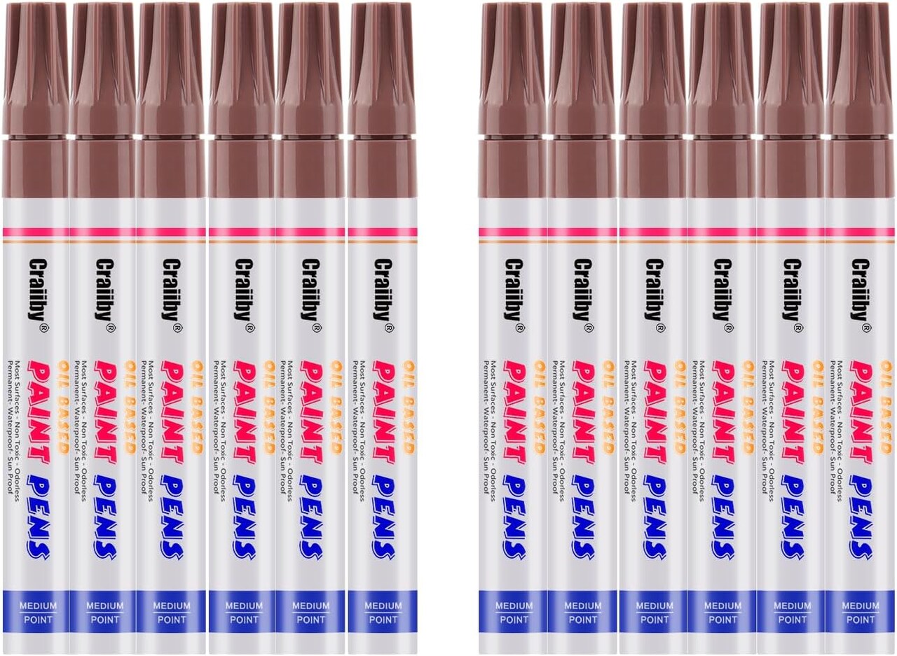 Brown Paint Markers, 12 Pack Oil-Based Waterproof Quick Dry Permanent Paint Pen Set for Rocks Painting, Wood, Fabric, Plastic, Canvas, Glass, Mugs, Metal, Tire, Stone, DIY Craft